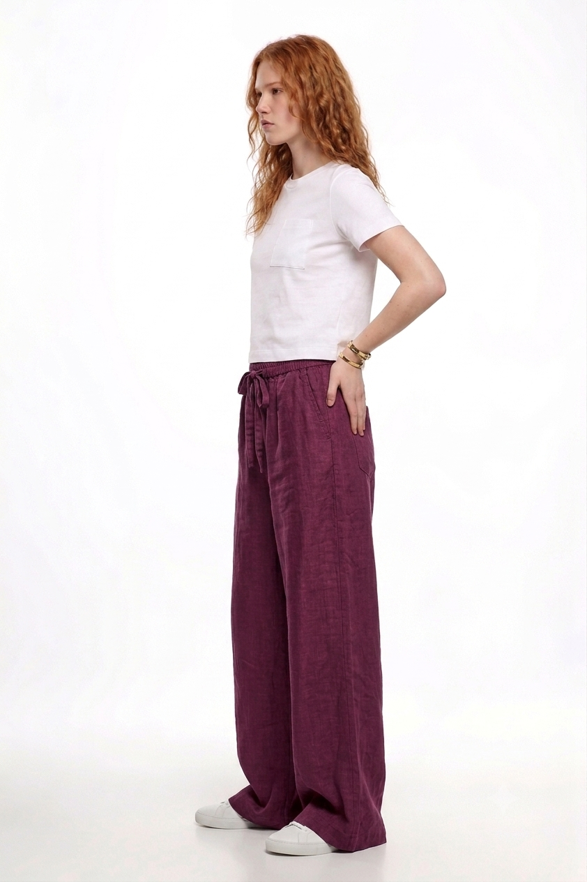 Plum Linen Wide-Leg Pants