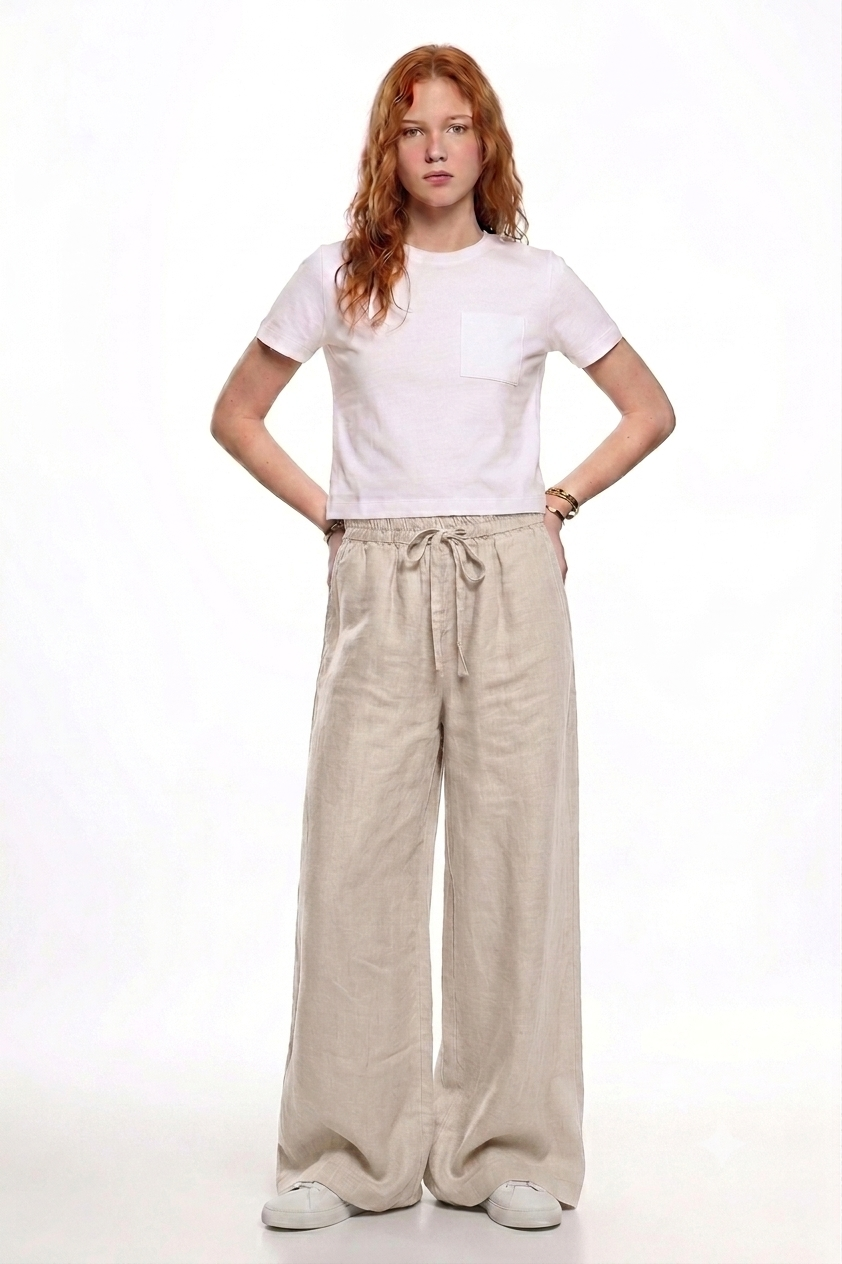 Beige Linen Wide-Leg Pants