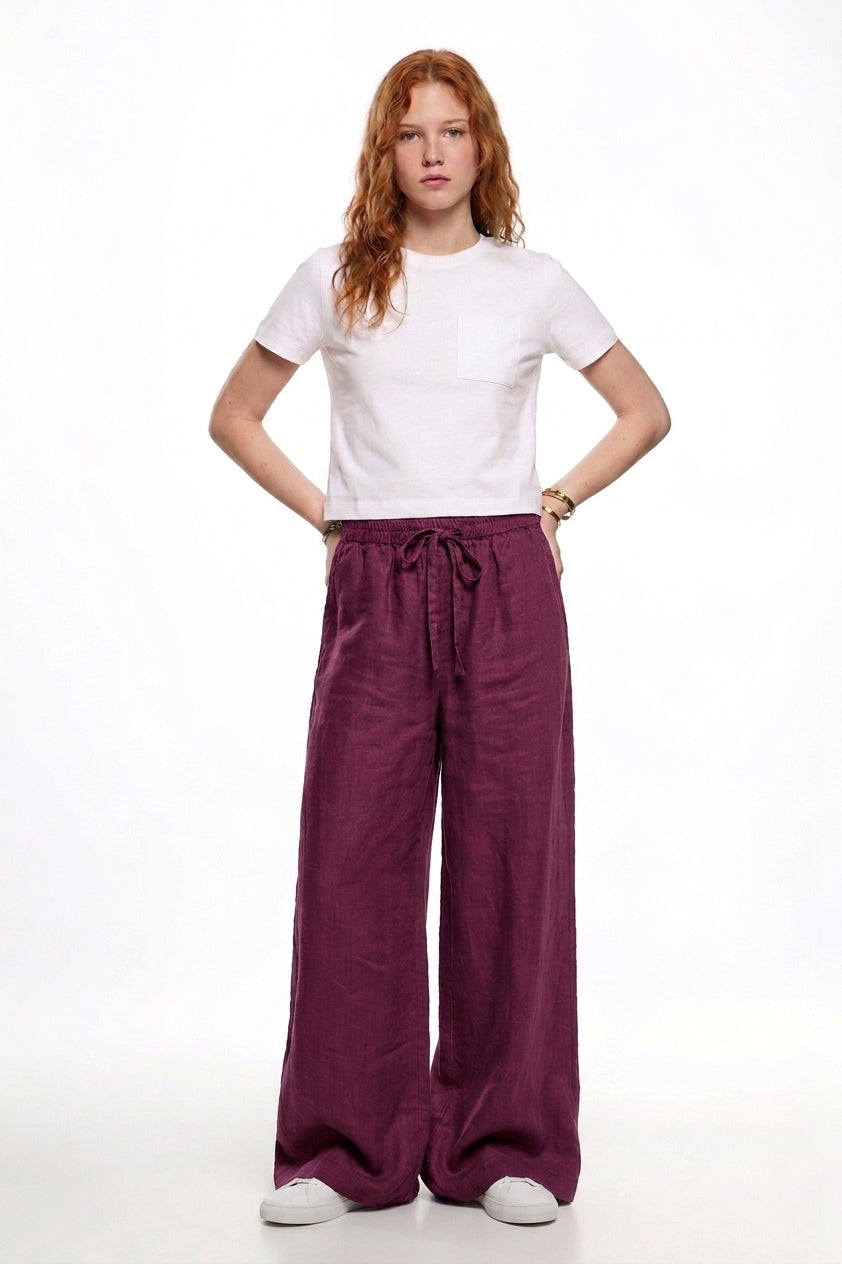 Plum Linen Wide-Leg Pants