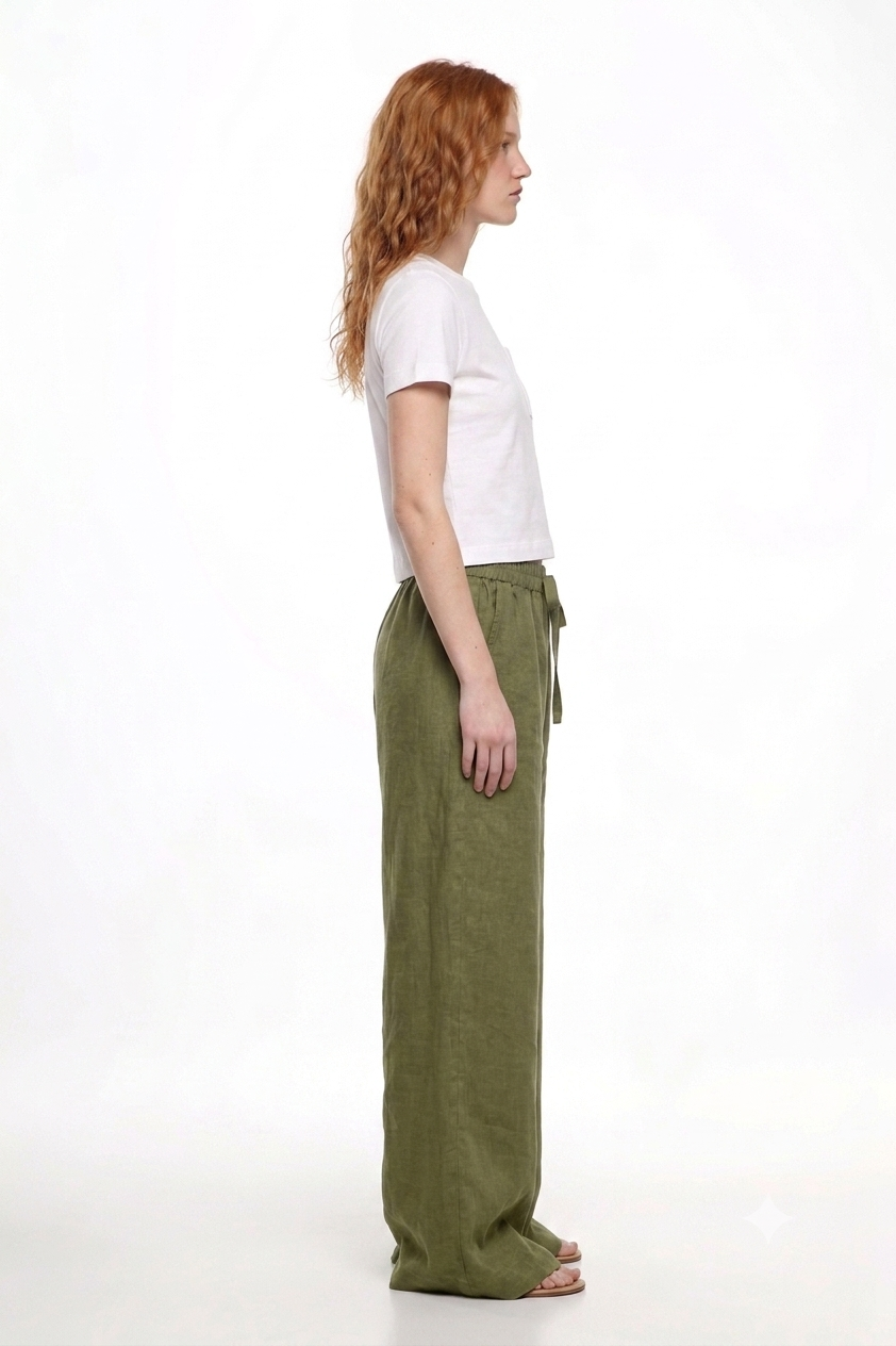Olive Linen Wide-Leg Pants