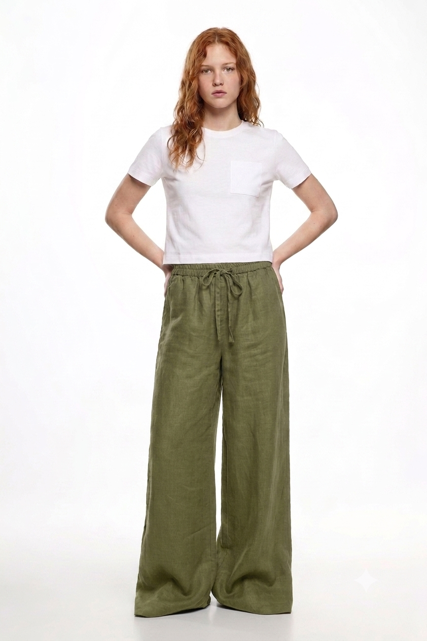 Olive Linen Wide-Leg Pants