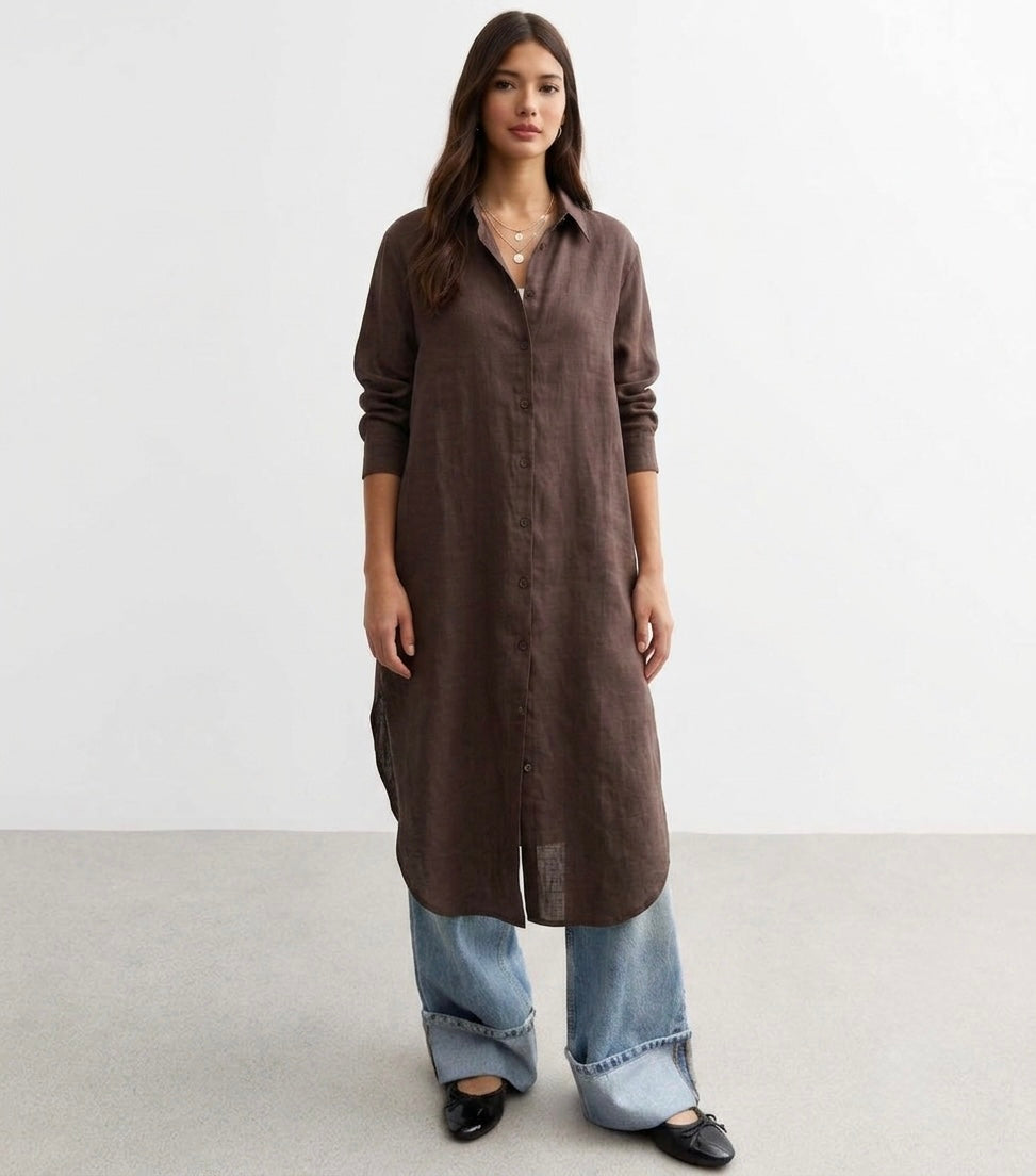 Longline Linen Shirt Dress in Chocolate