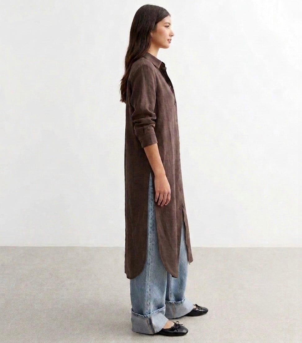 Longline Linen Shirt Dress in Chocolate