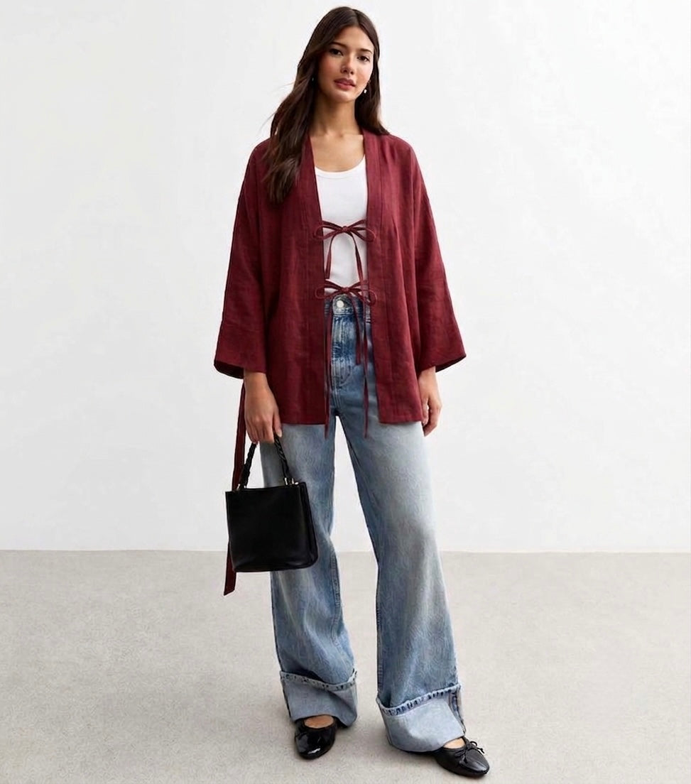 Burgundy Tie-Front Linen Kimono