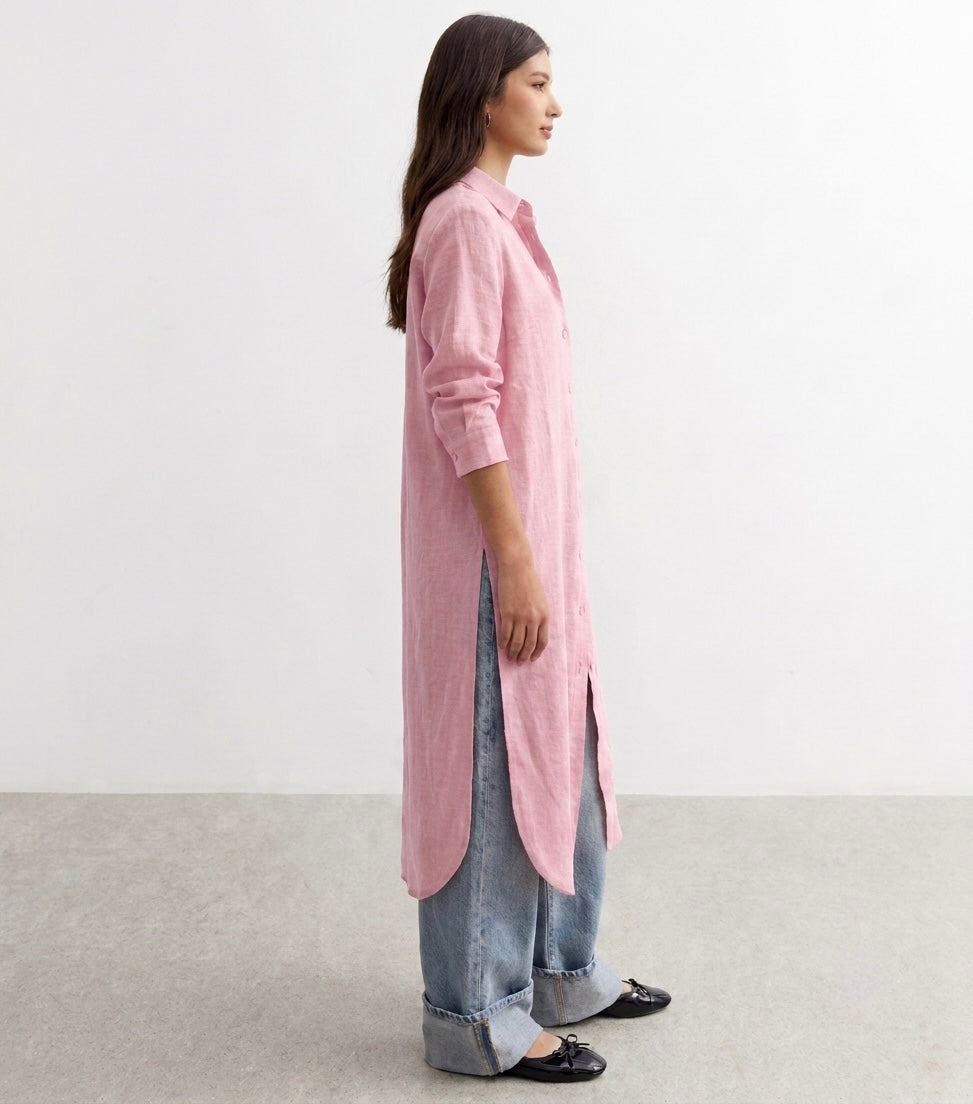 Longline Linen Shirt Dress in pink