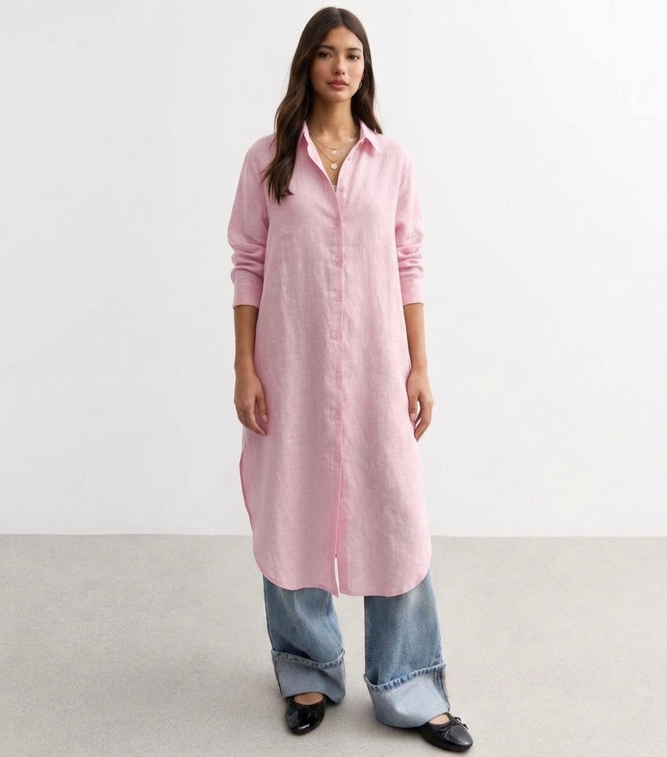 Longline Linen Shirt Dress in pink