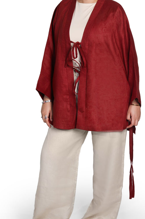 Burgundy Tie-Front Linen Kimono