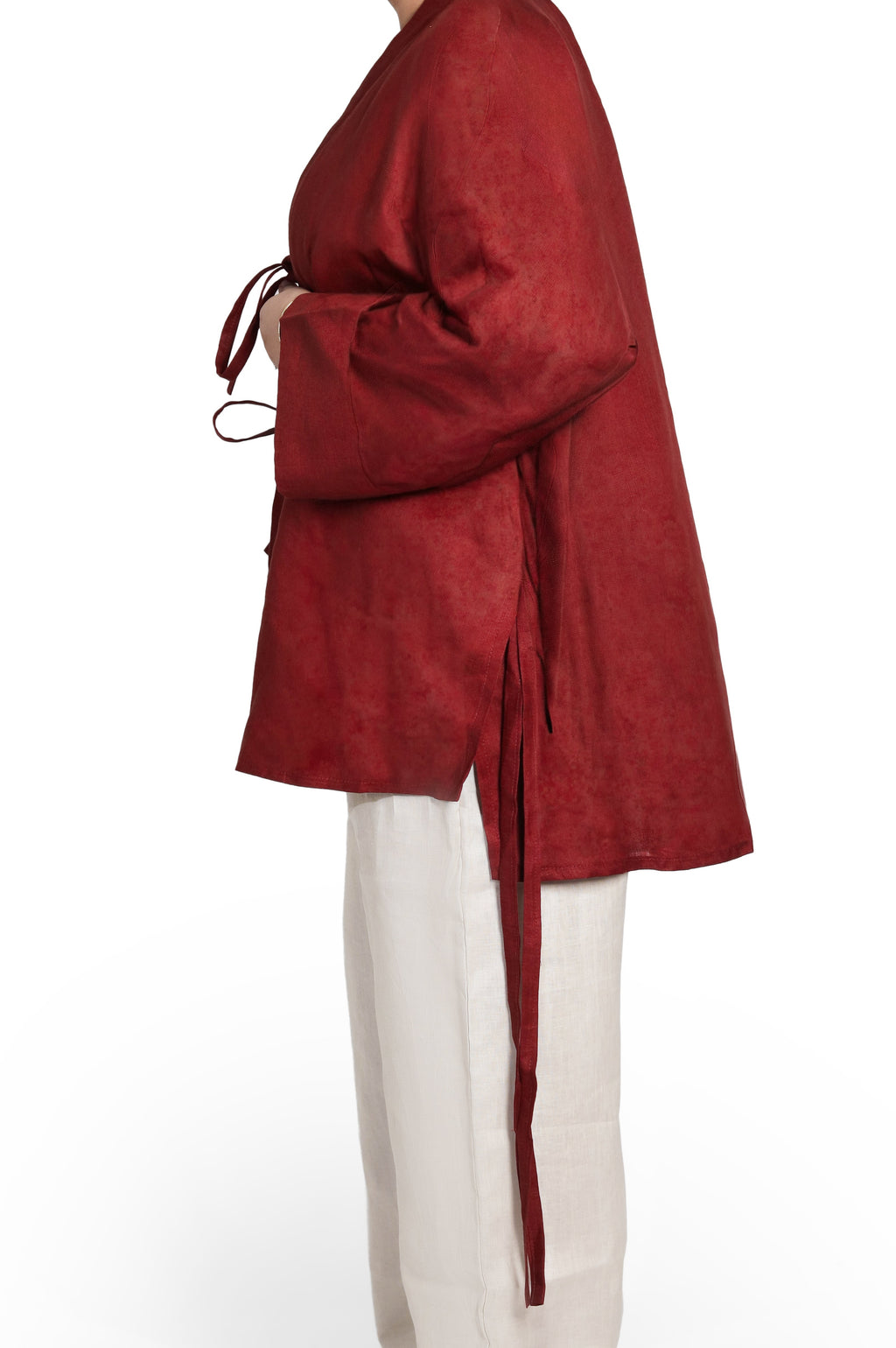 Burgundy Tie-Front Linen Kimono